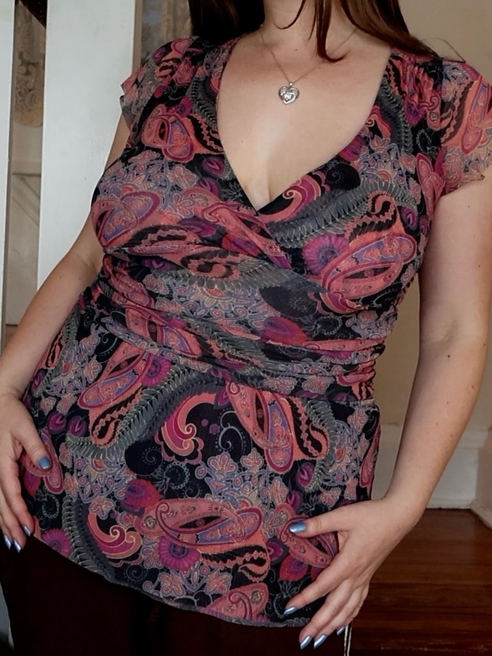 Sweet Pea Pink & Black Paisley Wrap-Style Top - Large